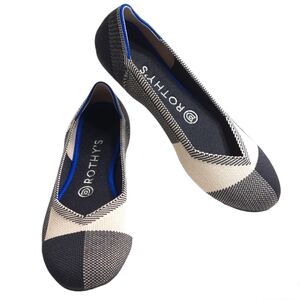 Rothy's Women's The Flat Captoe Black & Beige Buffalo Plaid Slip On Flats Size 7